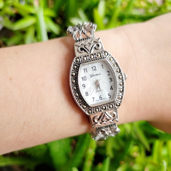 Classic Geneva Quartz Silver Marcasite Cuff Tonneau Barrel Watch - Picture 4 of 9